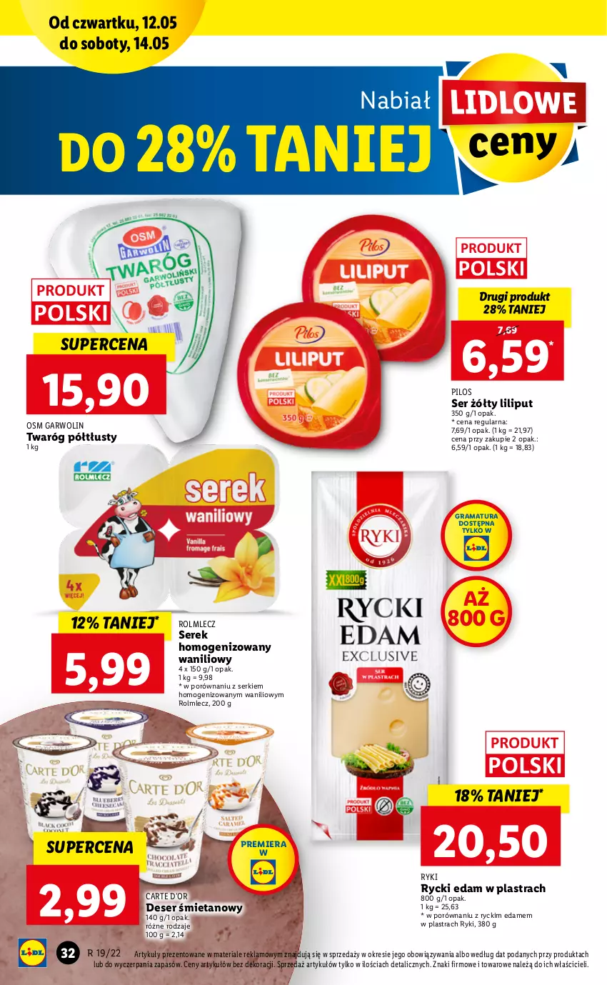 Gazetka promocyjna Lidl - GAZETKA - ważna 12.05 do 14.05.2022 - strona 32 - produkty: Deser, Edam, Gra, Pilos, Por, Rama, Rolmlecz, Rycki Edam, Ser, Serek, Serek homogenizowany, Twaróg, Twaróg półtłusty