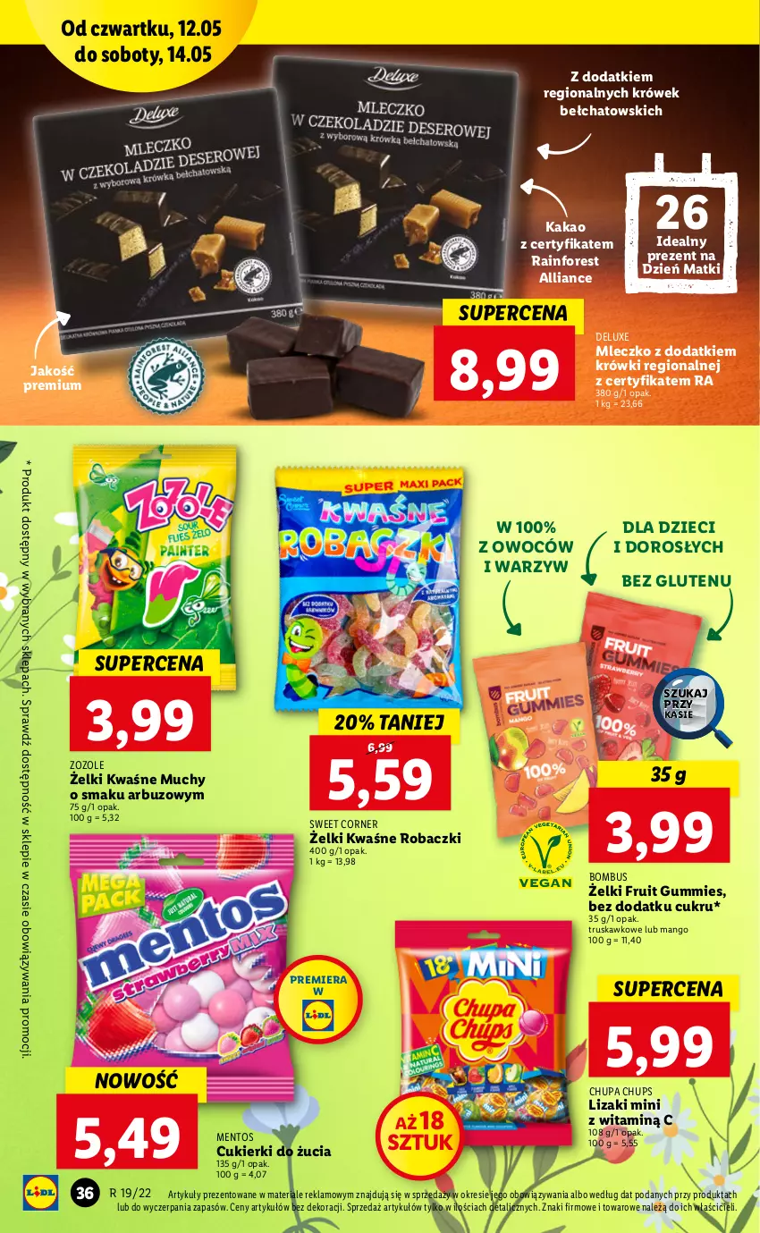 Gazetka promocyjna Lidl - GAZETKA - ważna 12.05 do 14.05.2022 - strona 36 - produkty: Arbuz, Chupa Chups, Cukier, Cukierki, Dzieci, Kakao, Lizaki, Mango, Mentos, Mleczko