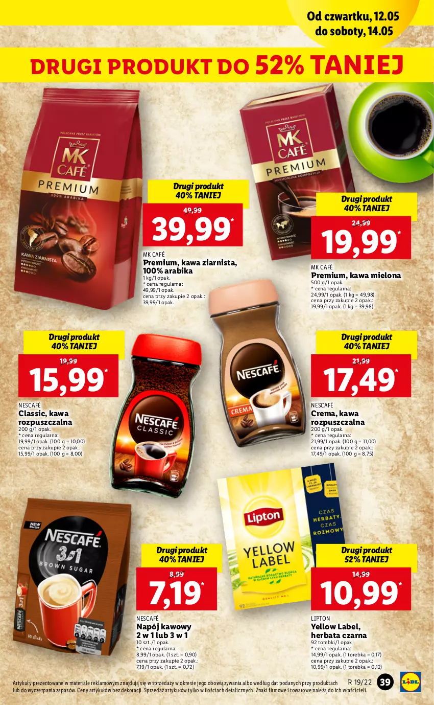 Gazetka promocyjna Lidl - GAZETKA - ważna 12.05 do 14.05.2022 - strona 39 - produkty: Herbata, Herbata czarna, Kawa, Kawa mielona, Kawa rozpuszczalna, Kawa ziarnista, Lipton, Napój, Nescafé, Torebka