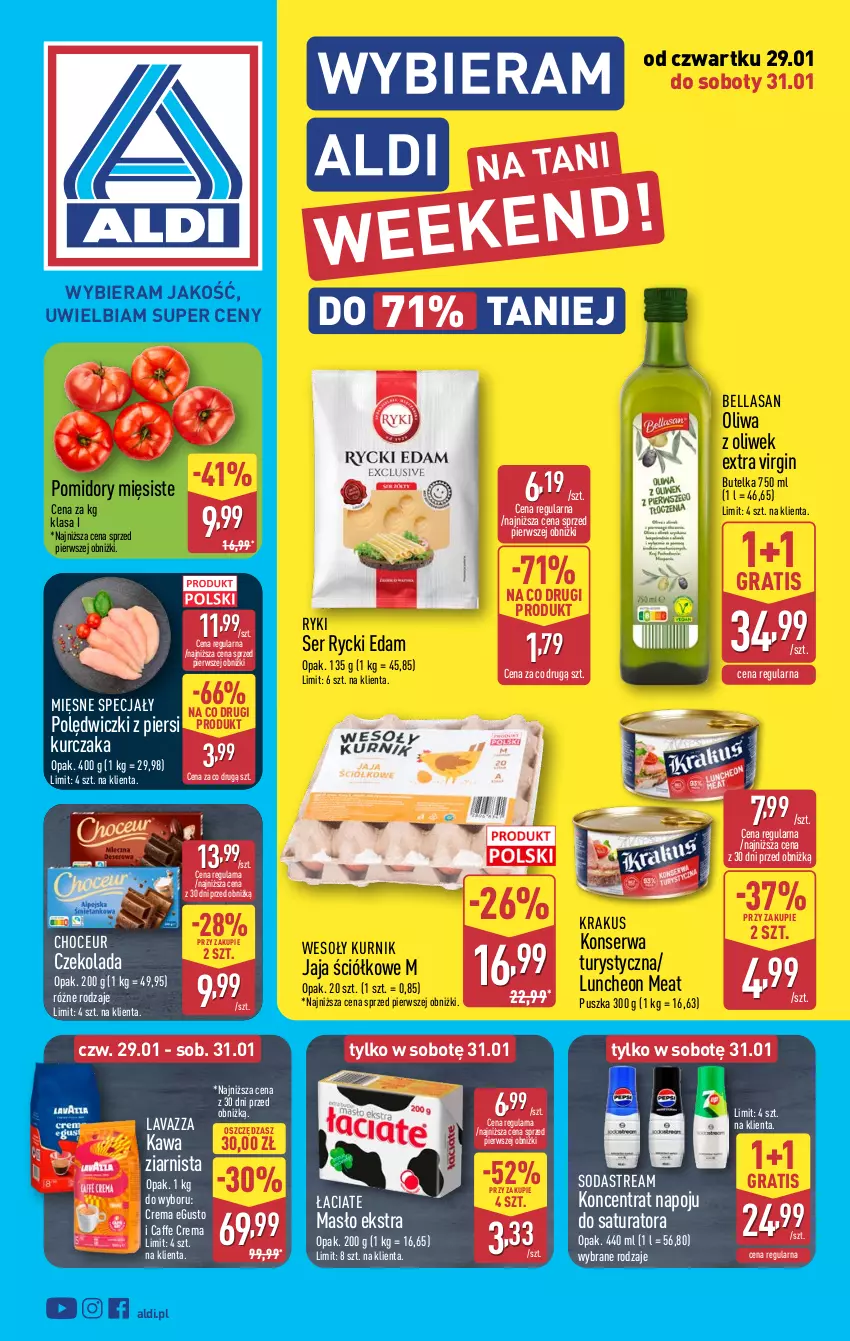 Gazetka promocyjna Aldi - Oferta weekendowa - ważna 29.01 do 31.01.2026 - strona 1 - produkty: Bell, Bella, Czekolada, Edam, Gin, Gra, Jaja, Kawa, Kawa ziarnista, Konserwa turystyczna, Krakus, Kurczak, Lavazza, Masło, Mięsne specjały, Oliwa, Oliwa z oliwek, Pomidory, Rycki Edam, Ser