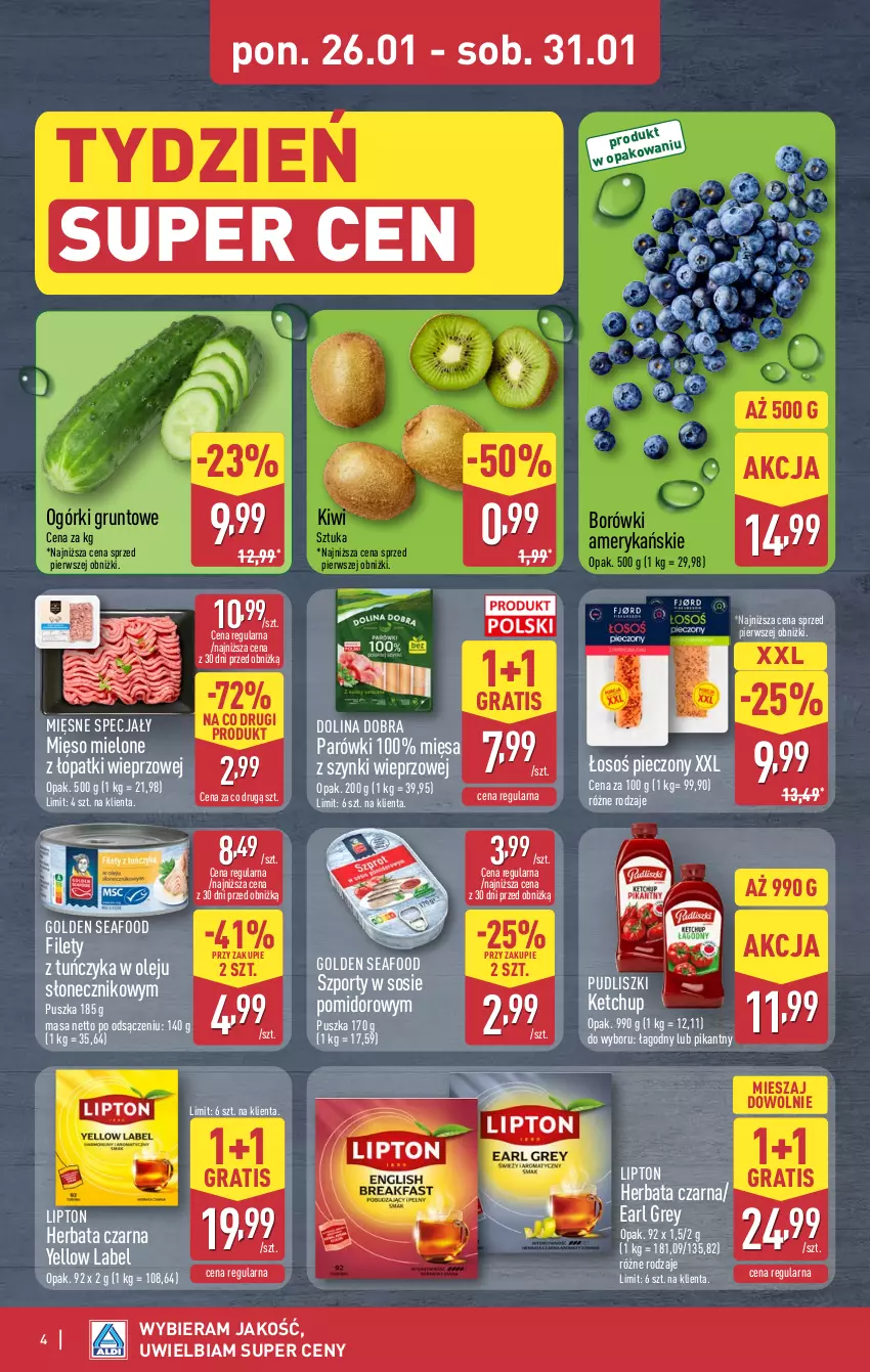 Gazetka promocyjna Aldi - Oferta weekendowa - ważna 29.01 do 31.01.2026 - strona 4 - produkty: Earl Grey, Golden Seafood, Gra, Grunt, Herbata, Herbata czarna, Ketchup, Kiwi, Lipton, Mięsne specjały, Mięso, Mięso mielone, Mięso mielone z łopatki wieprzowej, Olej, Parówki, Piec, Por, Pudliszki, Sos, Tuńczyk