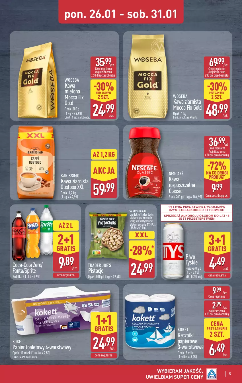 Gazetka promocyjna Aldi - Oferta weekendowa - ważna 29.01 do 31.01.2026 - strona 5 - produkty: Coca-Cola, Fa, Fanta, Gra, Kawa, Kawa mielona, Kawa rozpuszczalna, Kawa ziarnista, Mocca Fix Gold, Nescafé, Papier, Papier toaletowy, Pistacje, Piwa, Piwo, Ręcznik, Ręczniki papierowe, Rolki, Sprite, Tyskie, Woseba