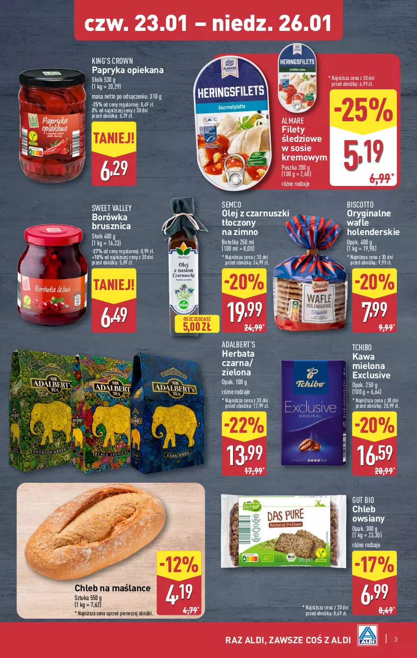 Gazetka promocyjna Aldi - Okazje na weekend - ważna 23.01 do 26.01.2025 - strona 3 - produkty: Borówka, Borówka brusznica, Chleb, Gin, Herbata, Herbata czarna, Kawa, Kawa mielona, Olej, Olej z czarnuszki, Papryka, Sos, Tchibo, Wafle