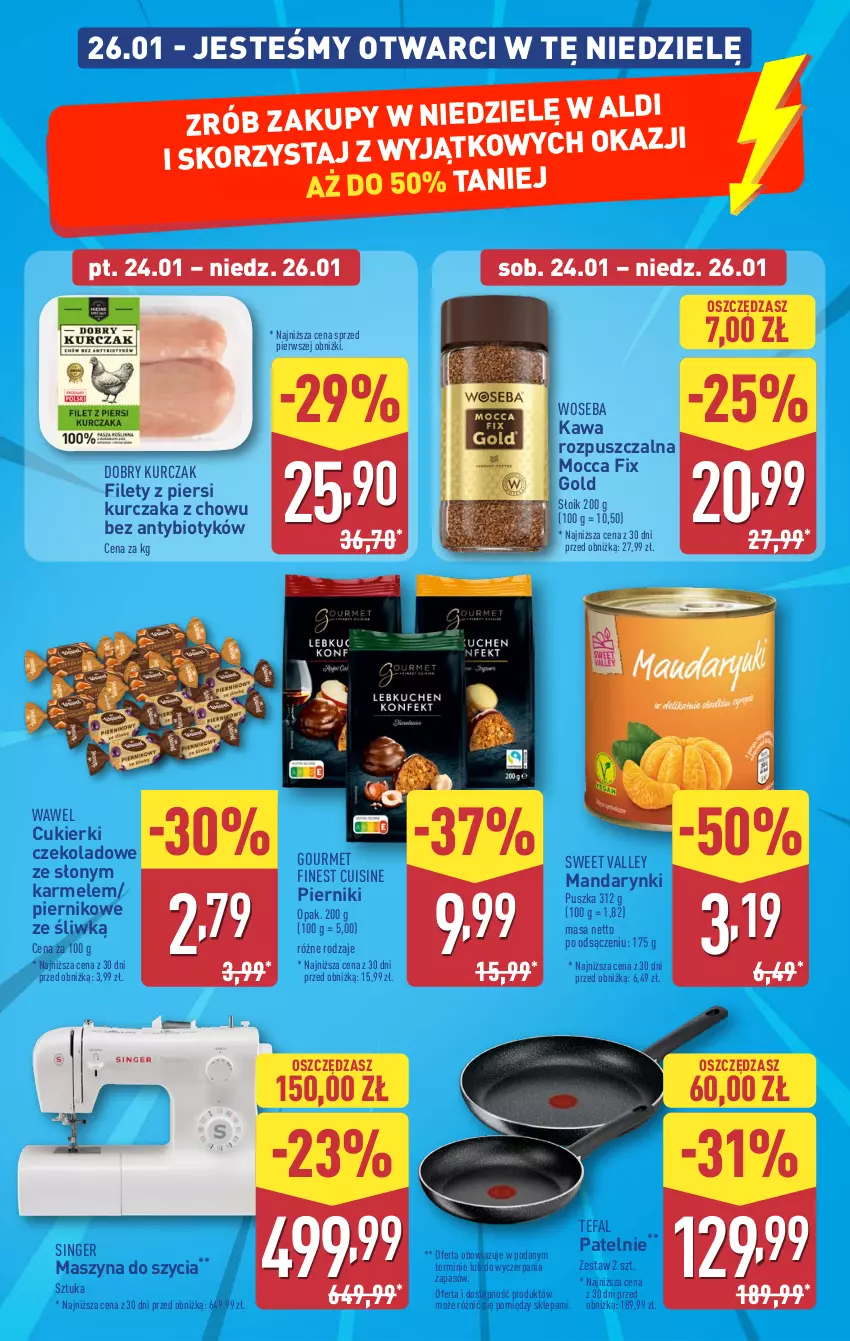 Gazetka promocyjna Aldi - Okazje na weekend - ważna 23.01 do 26.01.2025 - strona 7 - produkty: Cukier, Cukierki, Cukierki czekoladowe, Fa, Kawa, Kawa rozpuszczalna, Kurczak, Mandarynki, Mocca Fix Gold, Piernik, Szyna, Tefal, Wawel, Woseba