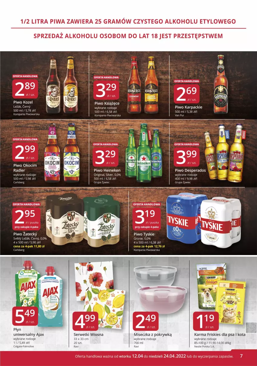 Gazetka promocyjna Market Vita - Gazetka promocyjna – Marketvita - ważna 12.04 do 24.04.2022 - strona 7 - produkty: Ajax, Carlsberg, Colgate, Desperados, Flora, Friskies, Gin, Heineken, Karp, Koc, Kozel, Książęce, LG, Miseczka, Okocim, Palmolive, Piwo, Ser, Serwetki, Sos