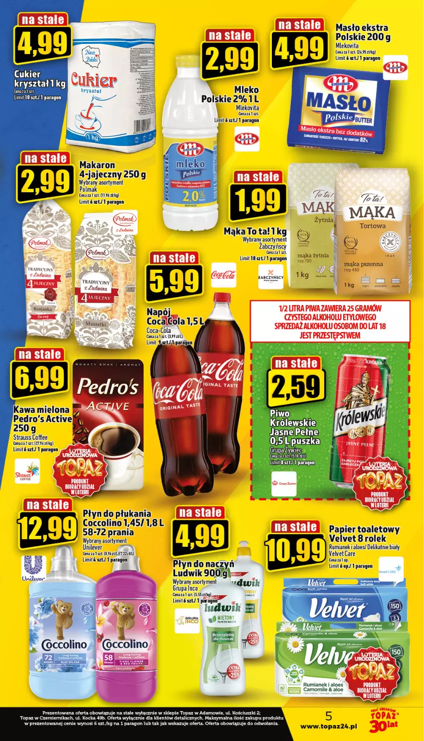 Gazetka promocyjna Topaz - Gazetka - ważna 15.06 do 21.06.2023 - strona 5 - produkty: Coca-Cola, Coccolino, Cukier, Gin, Królewski, LG, Ludwik, Mąka, Makaron, Masło, Mleko, Mlekovita, Napój, Olma, Papier, Papier toaletowy, Płyn do płukania, Rum, Top, Velvet, Vita C