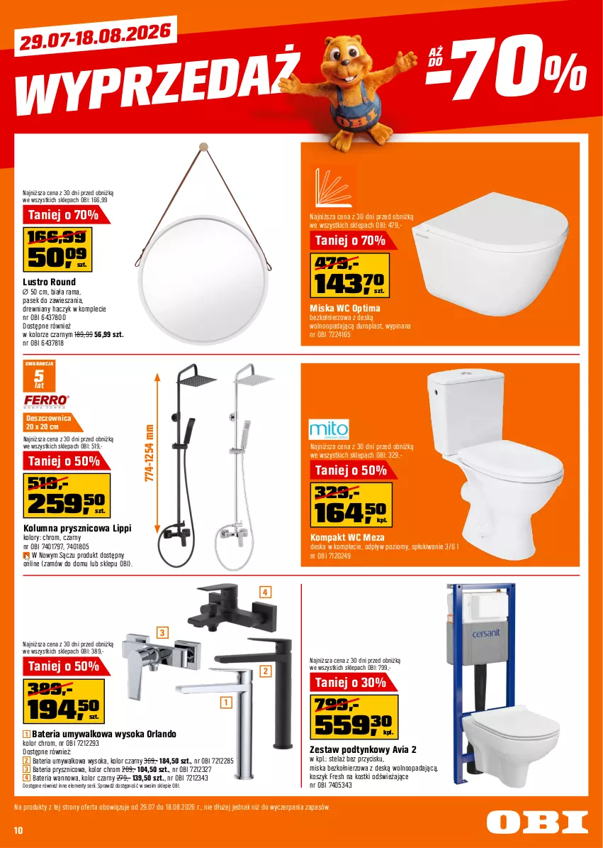 Gazetka promocyjna Obi - Gazetka OBI - ważna 29.07 do 18.08.2026 - strona 20 - produkty: Bateria, Bateria prysznicowa, Bateria umywalkowa, Bateria wannowa, Haczyk, Kompakt WC, Kosz, Lustro, Miska, Optima, Pasek, Rama, Ser, Sok