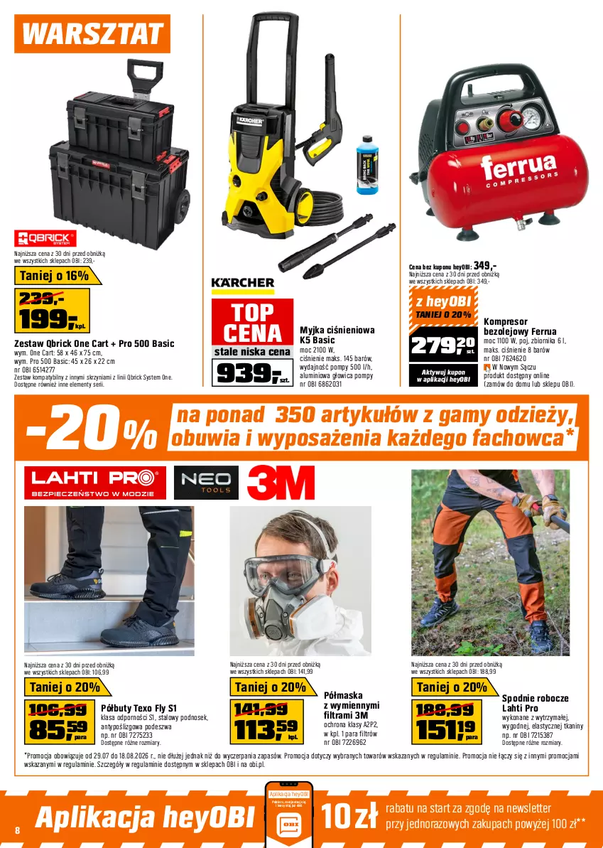Gazetka promocyjna Obi - Gazetka OBI - ważna 29.07 do 18.08.2026 - strona 8 - produkty: Akumulator, Bosch, Buty, Fa, Gra, Kompresor, Maska, Młot, Młot udarowy, Myjka ciśnieniowa, Olej, Półbuty, Por, Rama, Ser, Spodnie, Szlifierka, Szlifierka kątowa, Tarka, Top, Torba, Tran, Walizka, Warka, Wkręt, Wkrętarka, Zestaw wierteł