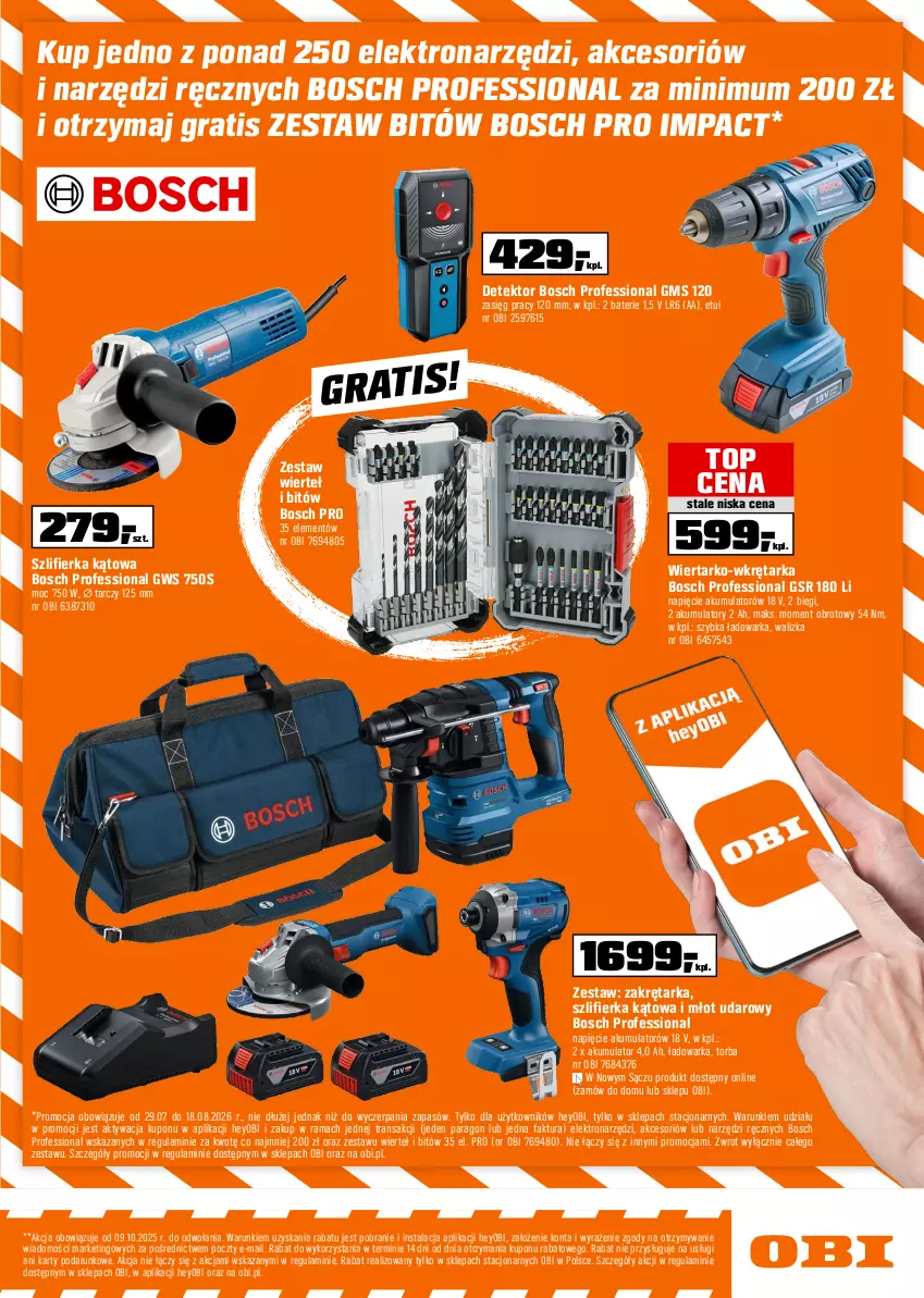 Gazetka promocyjna Obi - Gazetka OBI - ważna 29.07 do 18.08.2026 - strona 9 - produkty: Akumulator, Bosch, Buty, Fa, Gra, Kompresor, Maska, Młot, Młot udarowy, Myjka ciśnieniowa, Olej, Półbuty, Por, Rama, Ser, Spodnie, Szlifierka, Szlifierka kątowa, Tarka, Top, Torba, Tran, Walizka, Warka, Wkręt, Wkrętarka, Zestaw wierteł