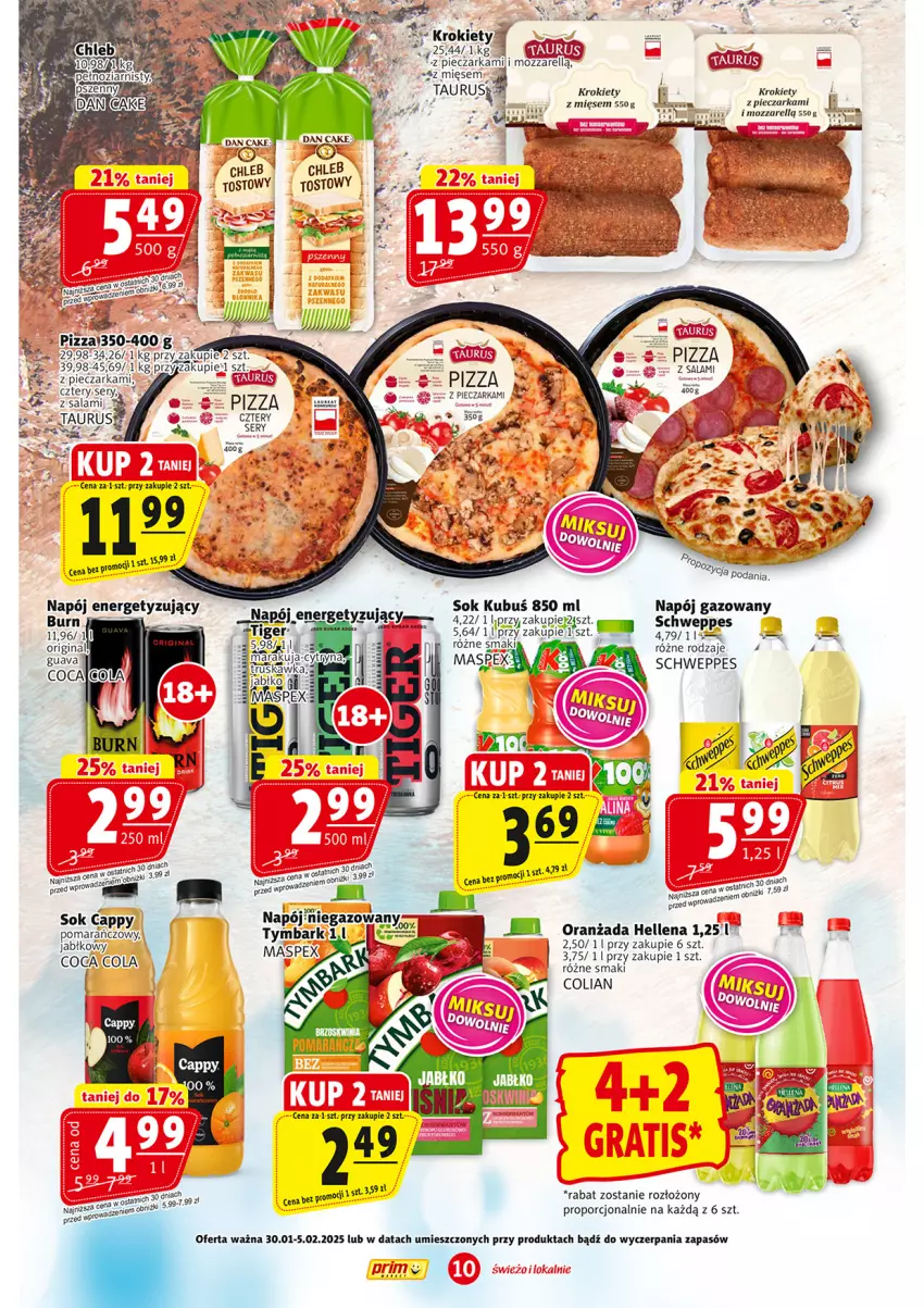 Gazetka promocyjna Prim Market - ważna 30.01 do 05.02.2025 - strona 10 - produkty: Cappy, Chleb, Hellena, Krokiety, Kubuś, Napój, Oranżada, Piec, Pieczarka, Pizza, Por, Salami, Schweppes, Sok, Tiger