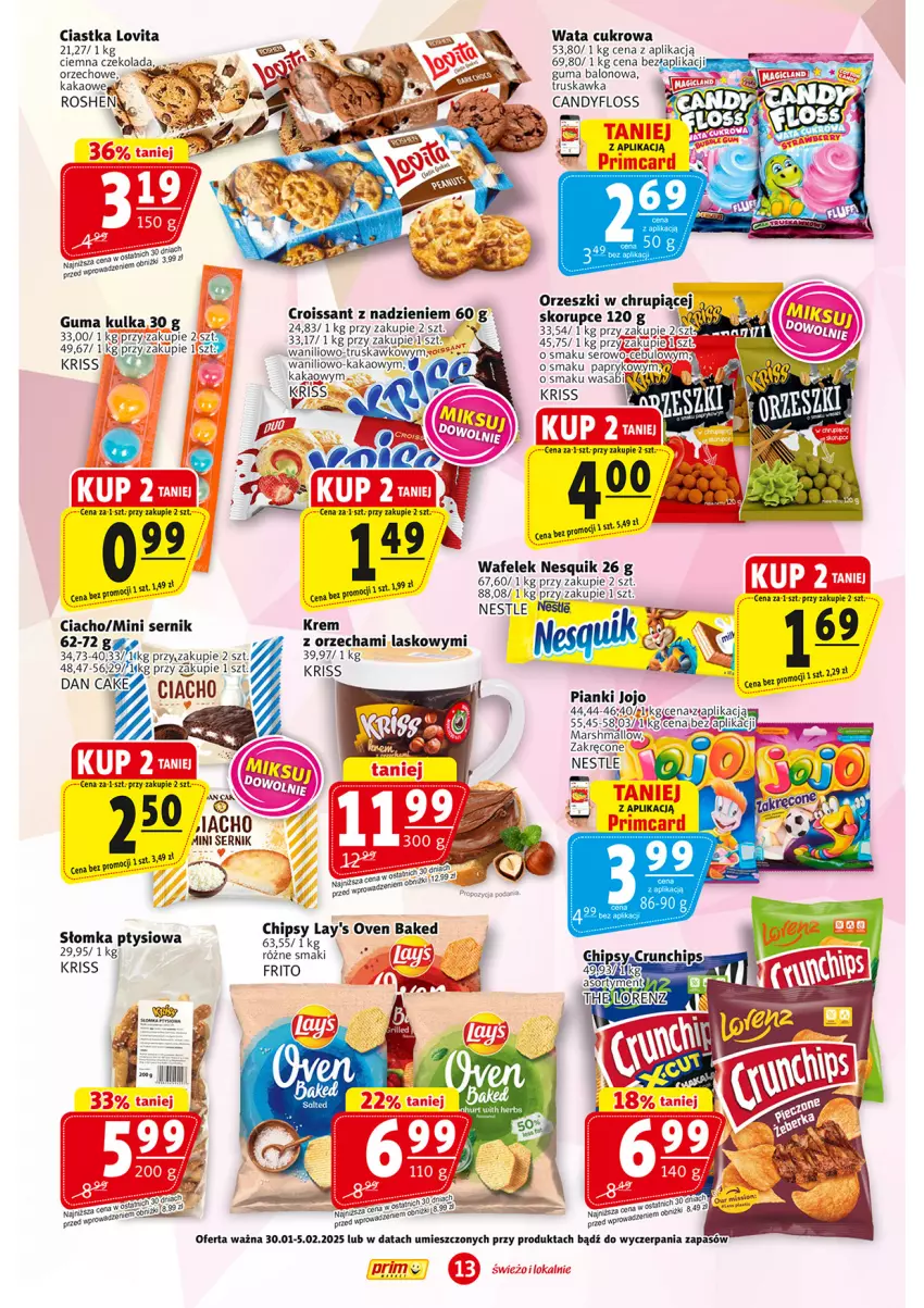 Gazetka promocyjna Prim Market - ważna 30.01 do 05.02.2025 - strona 13 - produkty: Candy, Ciastka, Czekolada, Dan Cake, Fa, Kakao, Lovi, Mars, Nesquik, Orzeszki, Ser, Wafelek, Wata cukrowa