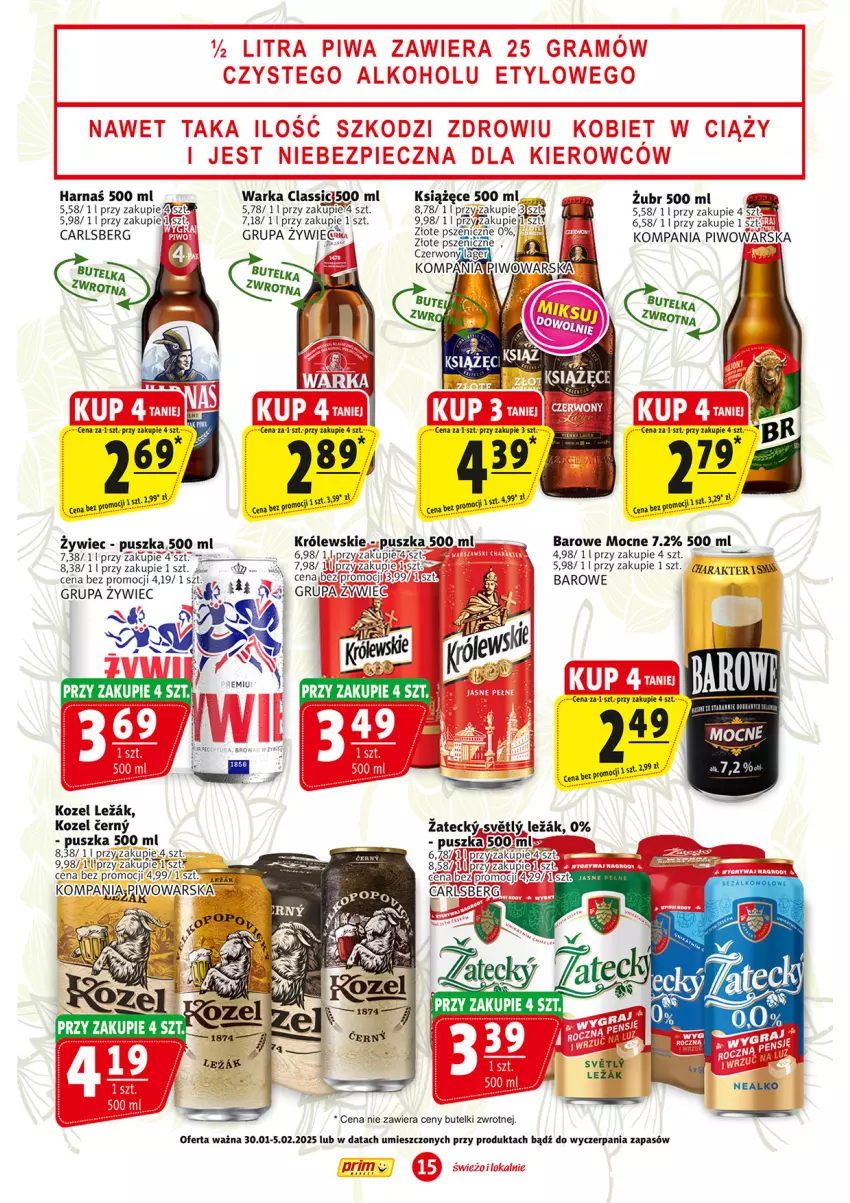 Gazetka promocyjna Prim Market - ważna 30.01 do 05.02.2025 - strona 15 - produkty: Carlsberg, Fa, Harnaś, Kozel, Królewski, Książęce, Piwo, Warka