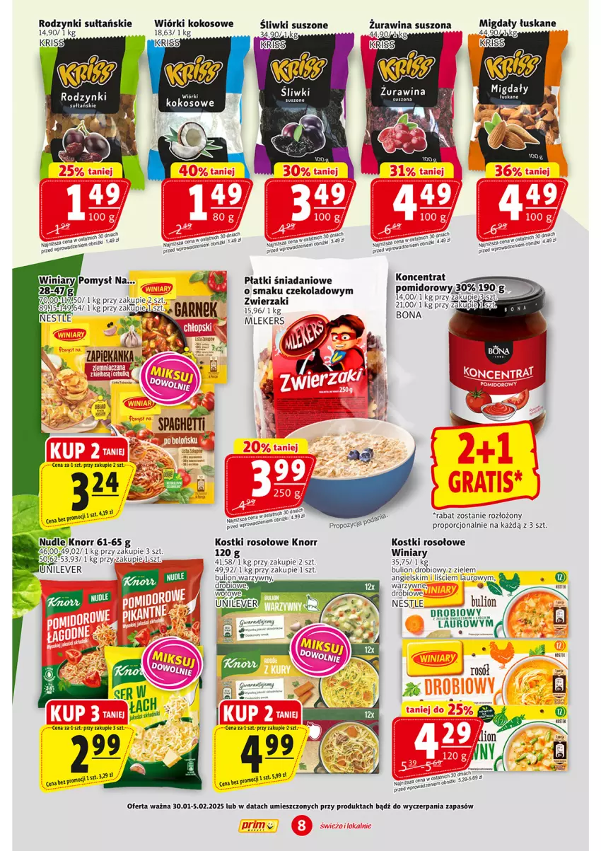 Gazetka promocyjna Prim Market - ważna 30.01 do 05.02.2025 - strona 8 - produkty: Bulion, Danio, Knorr, Kokos, Koncentrat pomidorowy, Kostki rosołowe, Laur, Lion, Por, Rodzynki, Winiary, Wiórki kokosowe