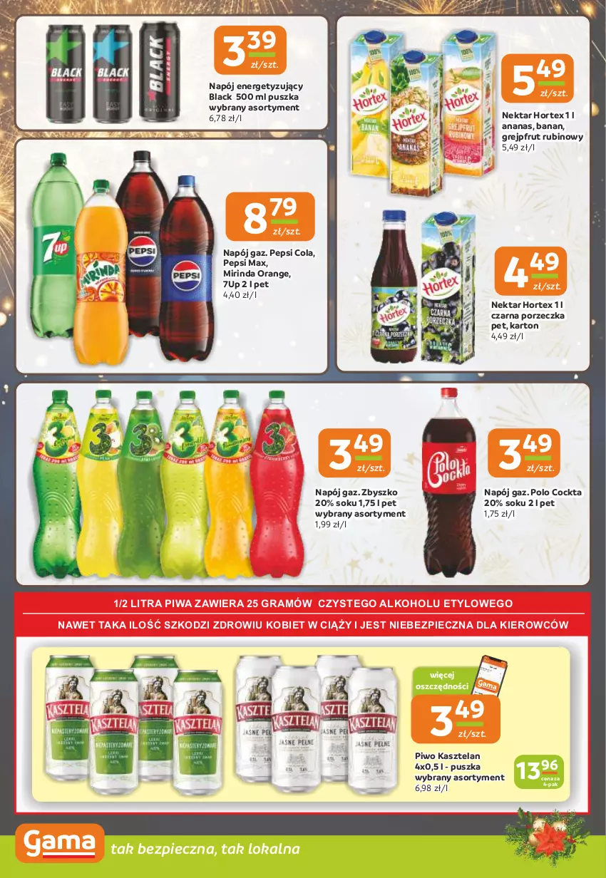 Gazetka promocyjna Gama - Gazetka Gama - ważna 19.12 do 31.12.2024 - strona 10 - produkty: 7up, Ananas, Gra, Grejpfrut, Hortex, Kasztelan, Lack, Mirinda, Napój, Nektar, Pepsi, Pepsi max, Piec, Piwa, Piwo, Por, Rubin, Sok