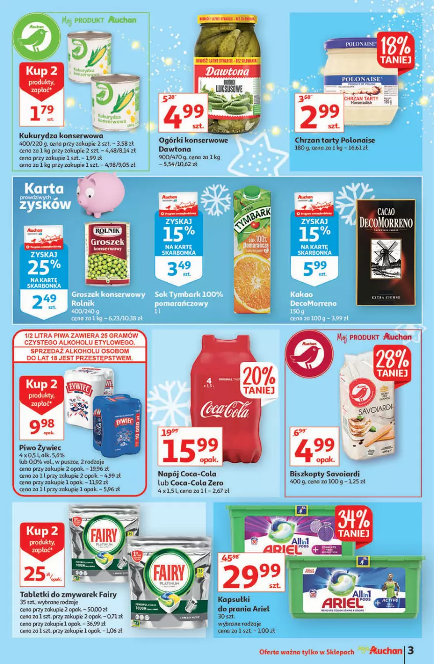 Gazetka promocyjna Auchan - Magia stołu wigilijnego Moje Auchan - ważna 16.12 do 24.12.2021 - strona 3 - produkty: Ariel, Biszkopty, Chrzan, Coca-Cola, Dawtona, Fa, Fairy, Gra, Groszek, Kapsułki do prania, Kukurydza, Kukurydza konserwowa, Napój, Ogórki konserwowe, Piwa, Piwo, Ser, Tablet