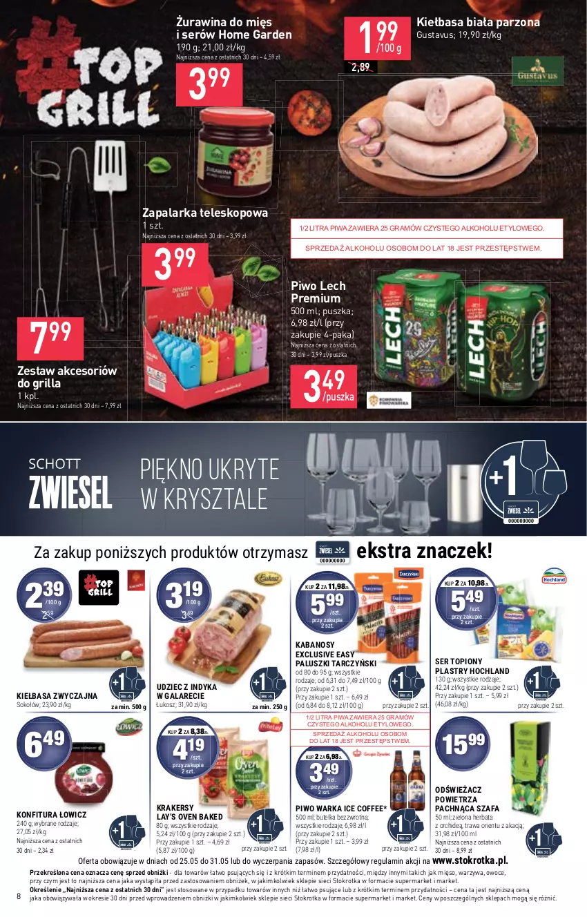 Gazetka promocyjna Stokrotka - Market - ważna 25.05 do 31.05.2023 - strona 10 - produkty: Fa, Gala, Gra, Grill, Herbata, Hochland, Kabanos, Kiełbasa, Kiełbasa biała, Konfitura, Kosz, Krakersy, Lay’s, Lech Premium, Mięso, Odświeżacz powietrza, Owoce, Piwa, Piwo, Ser, Ser topiony, Sok, Sokołów, Szafa, Tarczyński, Teleskop, Top, Udziec z indyka, Udziec z indyka w galarecie, Warka, Warzywa, Zapalarka