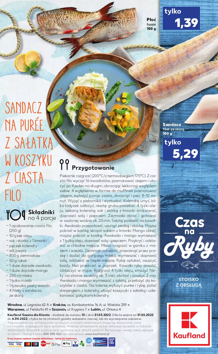 Gazetka promocyjna Kaufland - RYBY - ważna 31.03 do 06.04.2022 - strona 2 - produkty: Dres, Fa, Kawa, Kosz, Mango, Mleko, Olej, Orka, Piec, Piekarnik, Pieprz, Por, Pur, Sałat, Sandacz, Sandacz filet, Sok, Sól, Talerz, Tusz, Wagi, Wasa, Ziemniaki