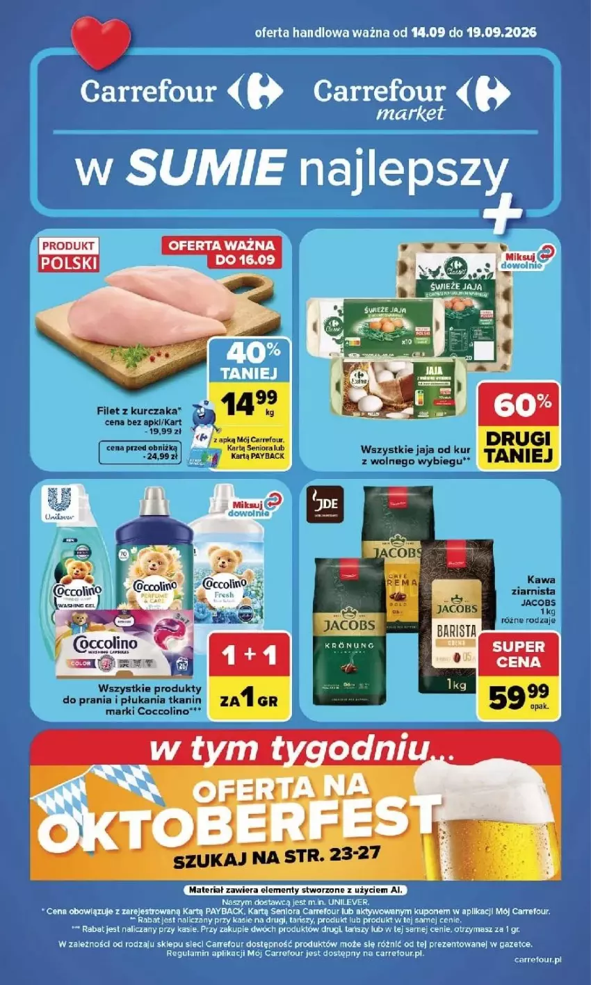 Gazetka promocyjna Carrefour - Gazetka Carrefour, Market w SUMIE najlpeszy, od poniedziałku - ważna 14.09 do 19.09.2026 - strona 1 - produkty: Coccolino, Fa, Jacobs, Jaja, Kawa, Kawa ziarnista, Kurczak, Paola