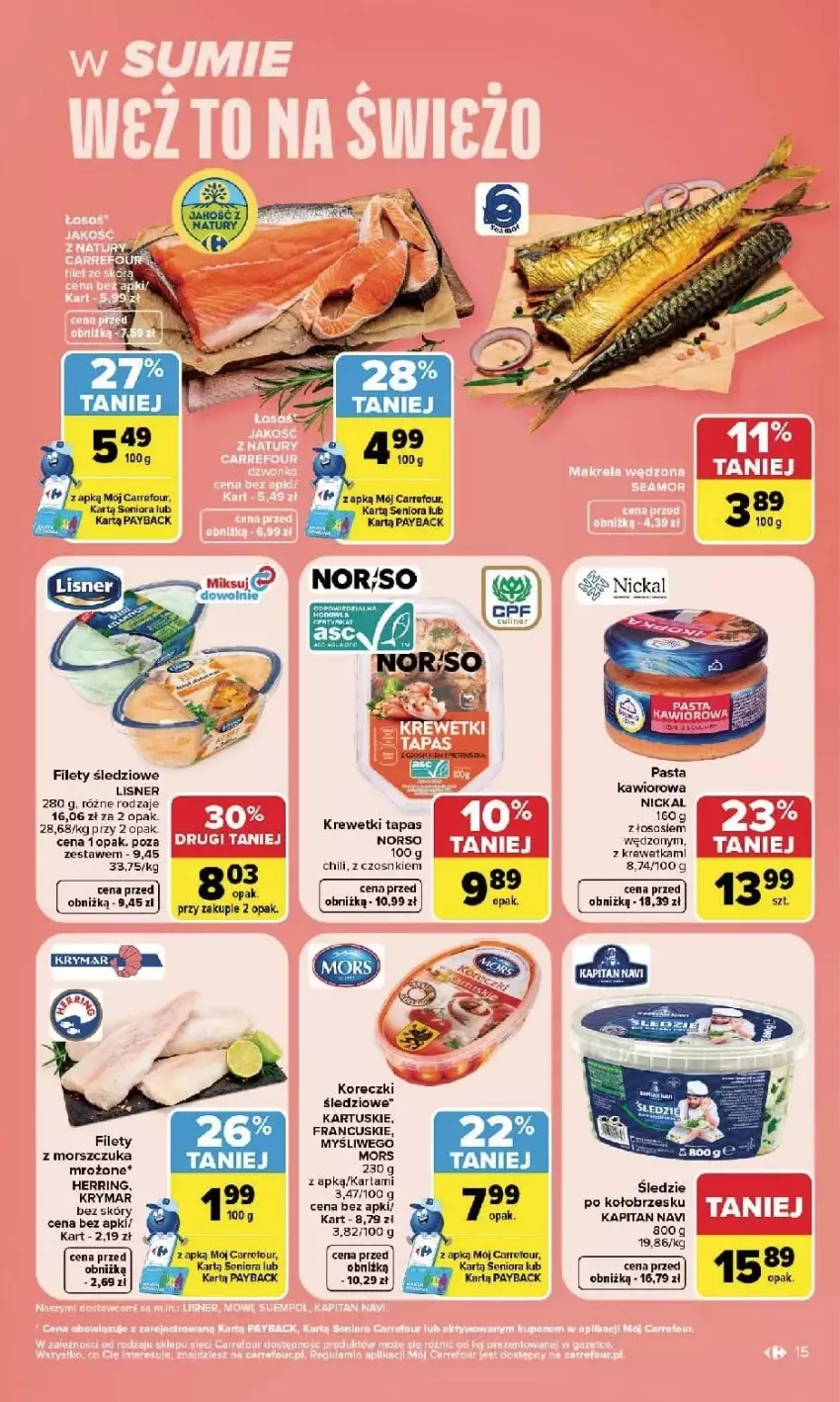 Gazetka promocyjna Carrefour - Gazetka Carrefour, Market w SUMIE najlpeszy, od poniedziałku - ważna 14.09 do 19.09.2026 - strona 17 - produkty: Kawior, Koreczki śledziowe, Krewetki, Lisner, Sos
