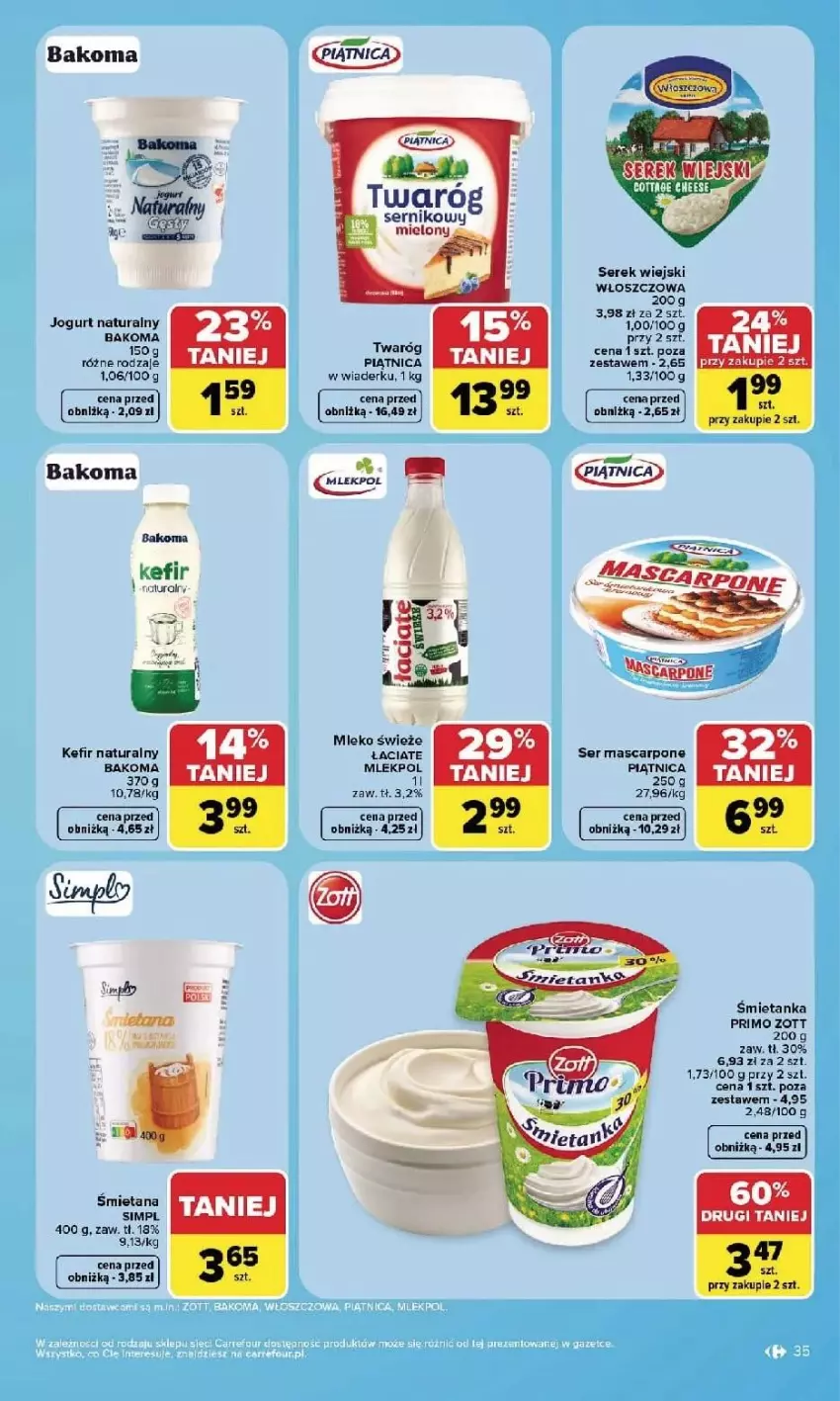 Gazetka promocyjna Carrefour - Gazetka Carrefour, Market w SUMIE najlpeszy, od poniedziałku - ważna 14.09 do 19.09.2026 - strona 37 - produkty: Bakoma, Fa, Jogurt, Jogurt naturalny, Kefir, Kefir naturalny, Mascarpone, Mleko, Piątnica, Por, Ser, Serek, Serek wiejski, Twaróg, Zott