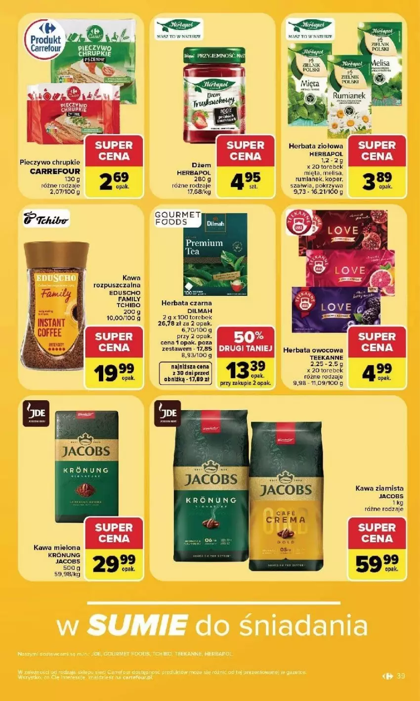 Gazetka promocyjna Carrefour - Gazetka Carrefour, Market w SUMIE najlpeszy, od poniedziałku - ważna 14.09 do 19.09.2026 - strona 41 - produkty: Chrupki, Dilmah, Fa, Herbapol, Herbata, Herbata czarna, Herbata owocowa, Jacobs, Kawa, Kawa mielona, Kawa rozpuszczalna, Kawa ziarnista, Mięta, Piec, Pieczywo, Pieczywo chrupkie, Rum, Tchibo, Teekanne