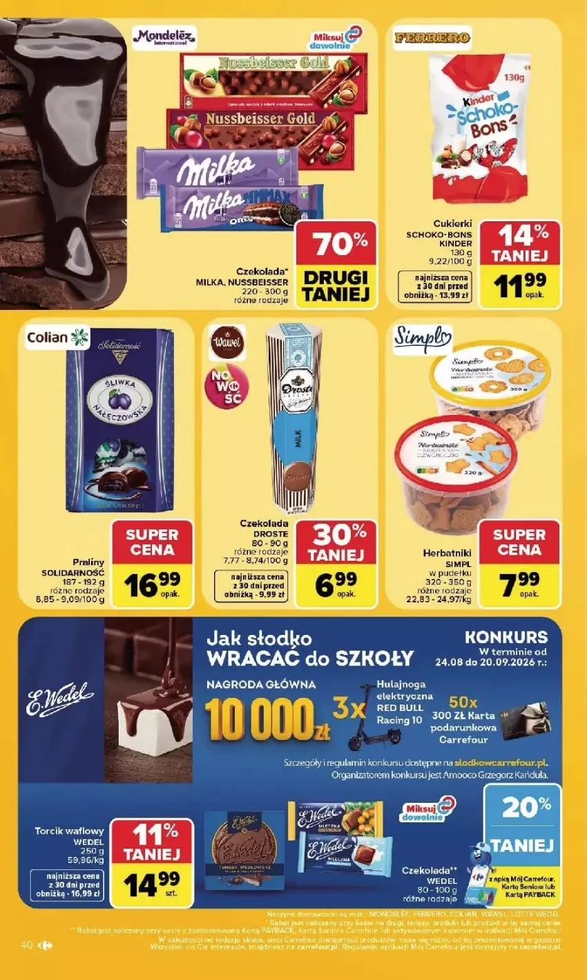 Gazetka promocyjna Carrefour - Gazetka Carrefour, Market w SUMIE najlpeszy, od poniedziałku - ważna 14.09 do 19.09.2026 - strona 42 - produkty: Cukier, Cukierki, Czekolada, Herbatniki, Hulajnoga, Hulajnoga elektryczna, Kinder, Milka, Praliny, Ser