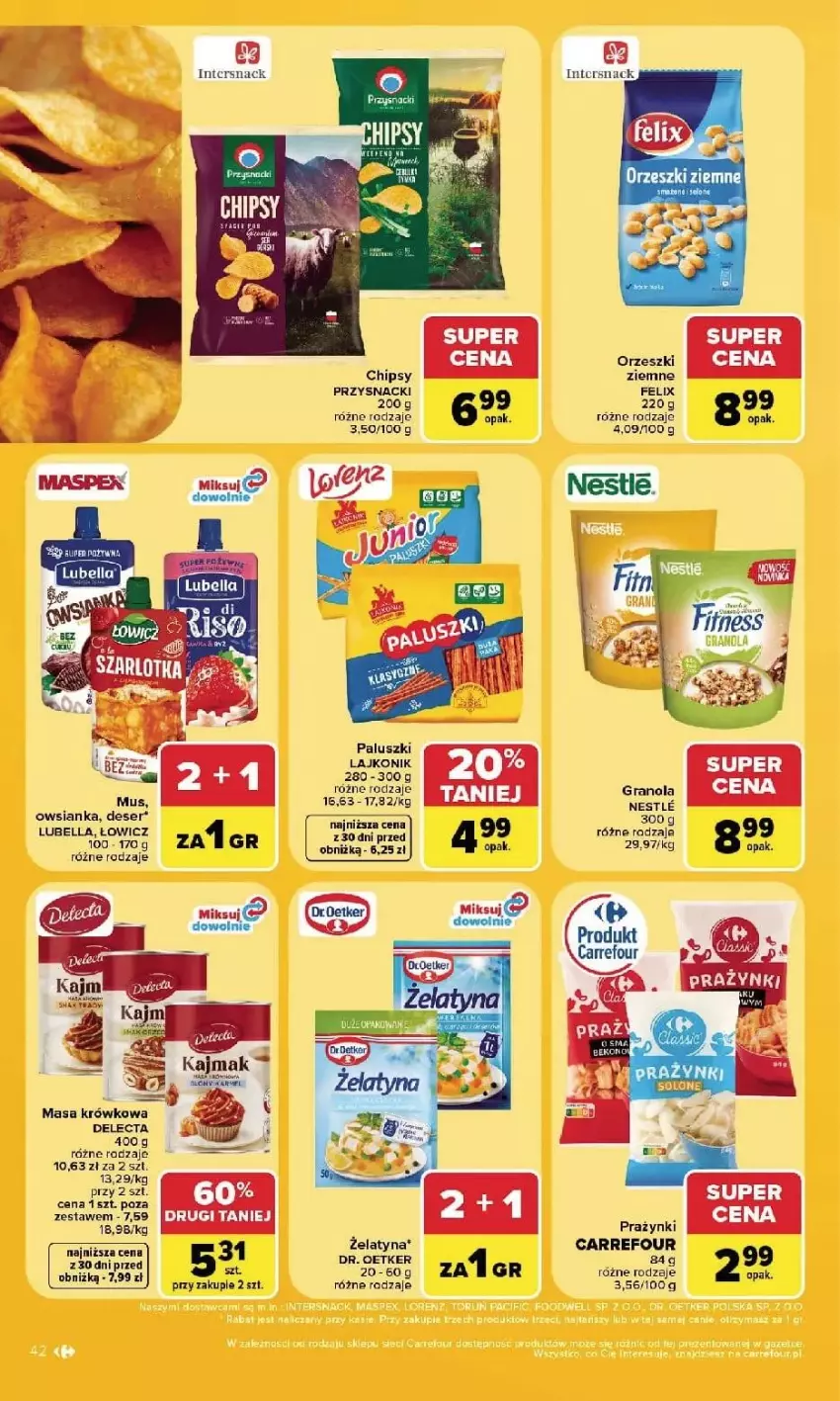 Gazetka promocyjna Carrefour - Gazetka Carrefour, Market w SUMIE najlpeszy, od poniedziałku - ważna 14.09 do 19.09.2026 - strona 44 - produkty: Bell, Bella, Chipsy, Delecta, Felix, Gra, Lajkonik, Lubella, Masa krówkowa, Orzeszki, Orzeszki ziemne, Owsianka, Por, Przysnacki, Ser