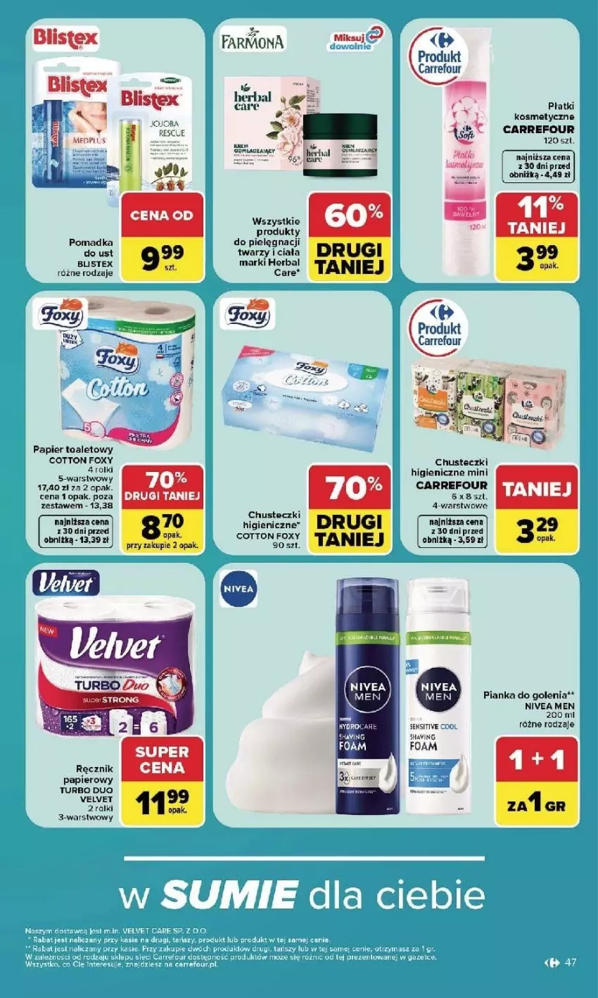 Gazetka promocyjna Carrefour - Gazetka Carrefour, Market w SUMIE najlpeszy, od poniedziałku - ważna 14.09 do 19.09.2026 - strona 49 - produkty: Chusteczki, Fa, Foxy, Nivea, Nivea Men, Papier, Papier toaletowy, Pianka do golenia, Ręcznik