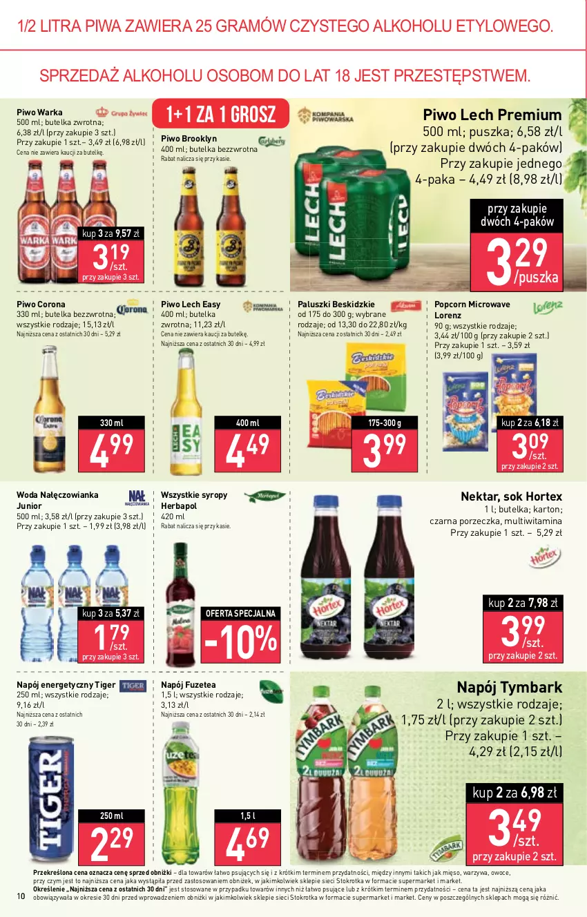 Gazetka promocyjna Stokrotka - Market - ważna 27.04 do 04.05.2023 - strona 10 - produkty: Beskidzki, Gra, Herbapol, Hortex, Lech Premium, Lorenz, Mięso, Nałęczowianka, Napój, Napój energetyczny, Nektar, Owoce, Piwa, Piwo, Popcorn, Por, Sok, Syrop, Syropy, Tiger, Tymbark, Warka, Warzywa, Woda