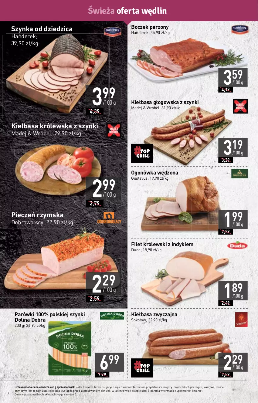 Gazetka promocyjna Stokrotka - Market - ważna 27.04 do 04.05.2023 - strona 2 - produkty: Boczek, Duda, Kiełbasa, Kiełbasa głogowska, Królewski, Mięso, Ogonówka, Owoce, Parówki, Piec, Pieczeń rzymska, Sok, Sokołów, Szynka, Warzywa