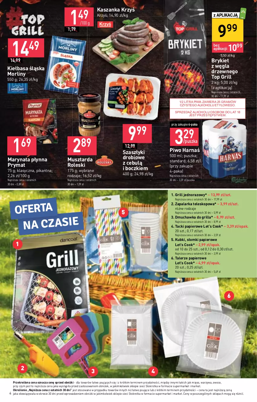 Gazetka promocyjna Stokrotka - Market - ważna 27.04 do 04.05.2023 - strona 4 - produkty: Gra, Grill, Harnaś, Kasza, Kaszanka, Kiełbasa, Kiełbasa śląska, Mięso, Morliny, Mus, Musztarda, Owoce, Papier, Piwa, Piwo, Prymat, Talerz, Teleskop, Top, Warzywa, Zapalarka