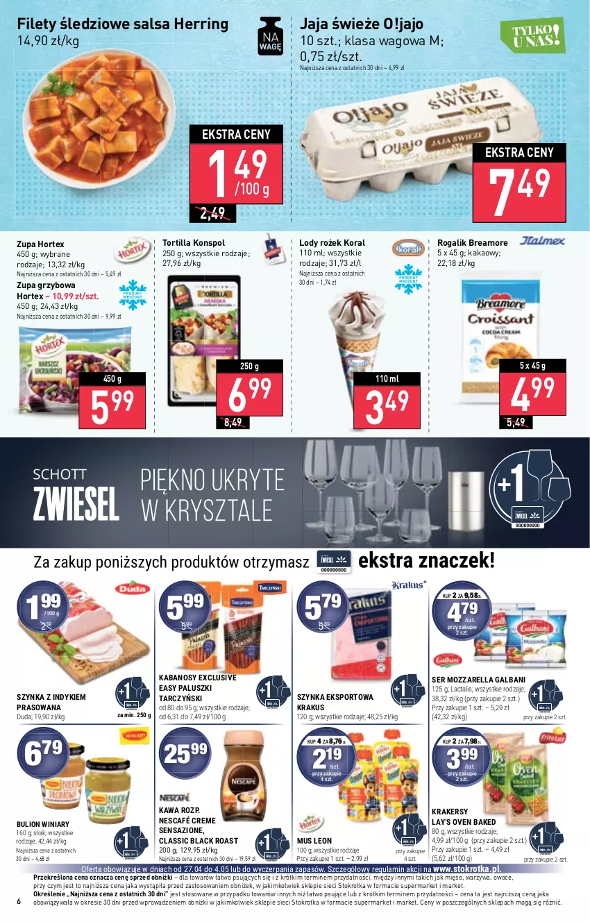 Gazetka promocyjna Stokrotka - Market - ważna 27.04 do 04.05.2023 - strona 6 - produkty: Bulion, Duda, Galbani, Hortex, Jaja, Kabanos, Kakao, Kawa, Krakersy, Krakus, Lack, Lay’s, Leon, Lion, Lody, Mięso, Mozzarella, Mus, Nescafé, Owoce, Por, Rogal, Salsa, Ser, Sport, Szynka, Tarczyński, Tortilla, Warzywa, Winiary, Zupa