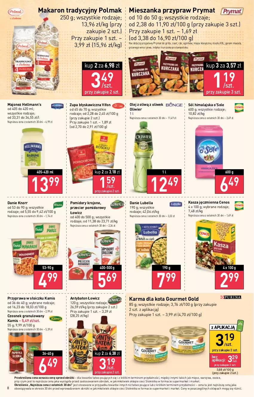 Gazetka promocyjna Stokrotka - Market - ważna 27.04 do 04.05.2023 - strona 8 - produkty: Baton, Bell, Bella, Cenos, Czosnek, Czosnek granulowany, Gourmet Gold, Gra, Grill, Hellmann’s, Kamis, Kasza, Kasza jęczmienna, Knorr, Kurczak, Lubella, Majonez, Makaron, Mięso, Olej, Olma, Owoce, Piwa, Pomidory, Pomidory krojone, Prymat, Przyprawy, Sól, Sól himalajska, Warzywa, Zupa