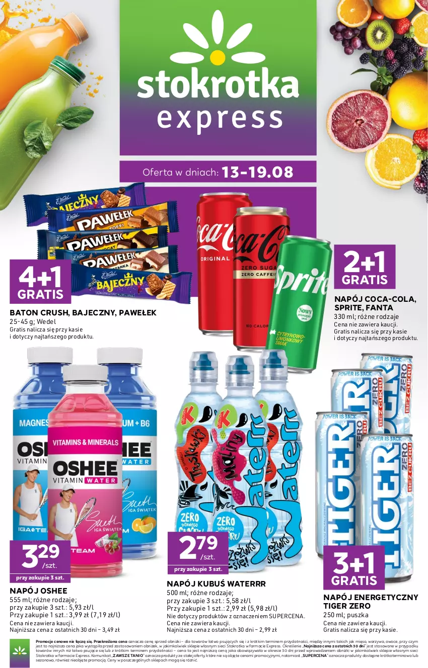 Gazetka promocyjna Stokrotka - Express - ważna 13.08 do 19.08.2026 - strona 1 - produkty: Baton, Coca-Cola, Fa, Fanta, Gra, Kubuś, Kubuś Waterrr, Mięso, Napój, Napój energetyczny, Oshee, Owoce, Sprite, Tiger, Warzywa
