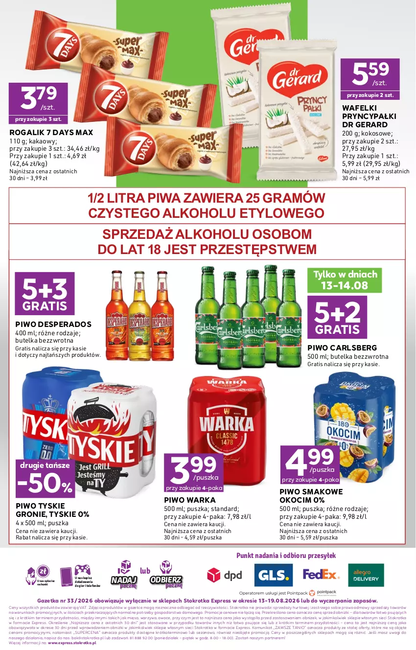Gazetka promocyjna Stokrotka - Express - ważna 13.08 do 19.08.2026 - strona 6 - produkty: 7 Days, Carlsberg, Chrupki, Desperados, Dr Gerard, Gra, Kakao, Ketchup, Koc, Kokos, Mięso, O nas, Okocim, Owoce, Piwa, Piwo, Rogal, Telefon, Tyskie, Wagi, Warka, Warzywa