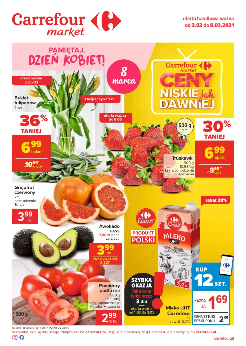 Gazetka promocyjna Carrefour - Gazetka Market - ważna 01.03 do 08.03.2021 - strona 1 - produkty: Bukiet, Grejpfrut, Mięta, Mleko, Pomidory, Truskawki, Tulipan