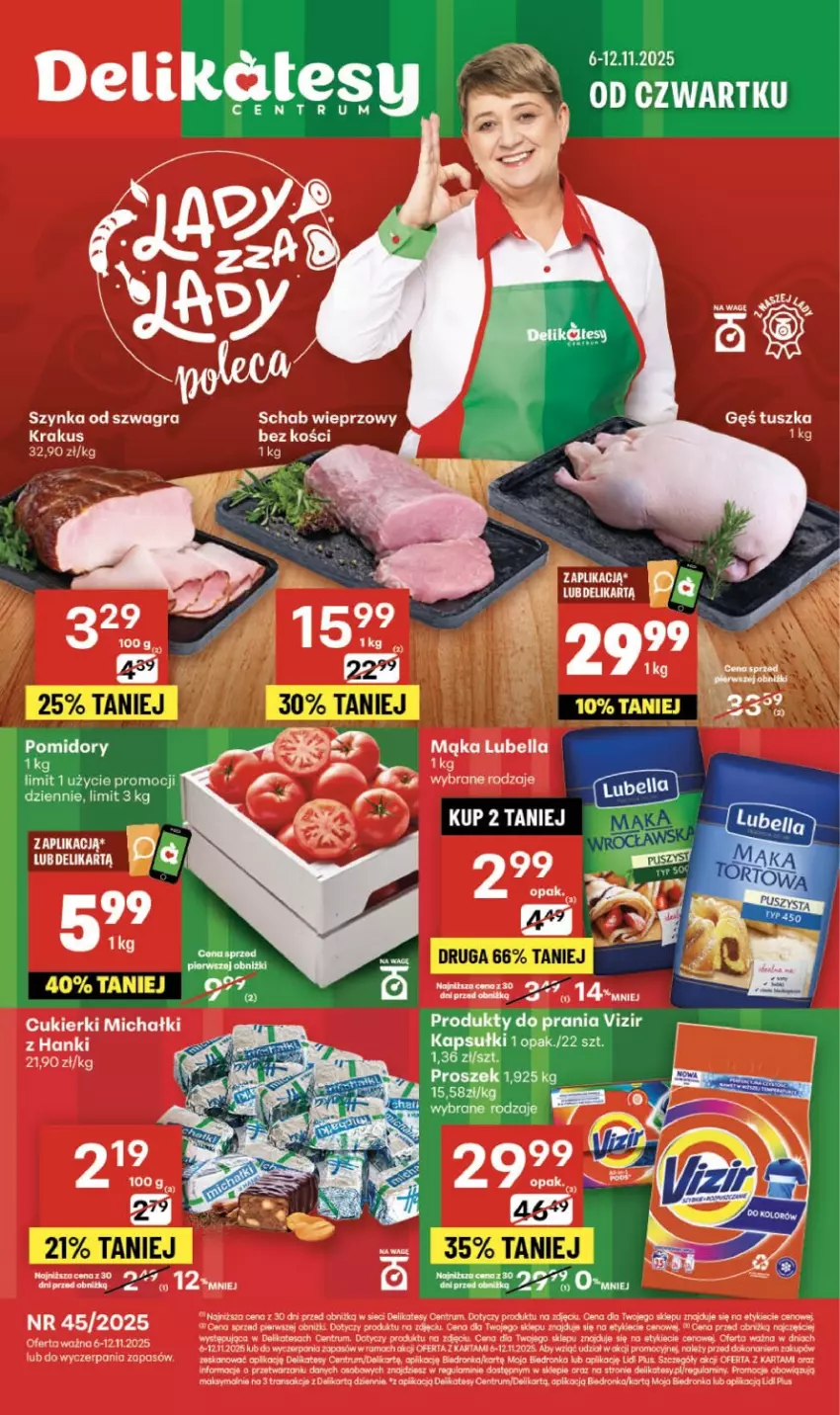 Gazetka promocyjna Delikatesy Centrum - Franczyza DC45 Czwartek - ważna 06.11 do 12.11.2025 - strona 1 - produkty: Cukier, Cukierki, Gra, Koc, Krakus, Michałki, Rama, Rum, Szynka, Tran, Tusz, Vizir