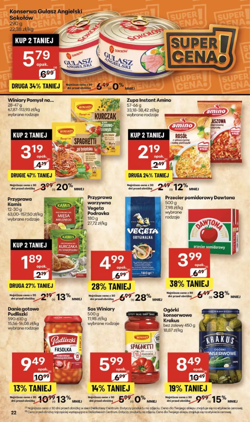 Gazetka promocyjna Delikatesy Centrum - Franczyza DC45 Czwartek - ważna 06.11 do 12.11.2025 - strona 22 - produkty: Danie gotowe, Dawtona, Fa, Gin, Kamis, Mus, Podravka, Pudliszki, Rosół, Rum, Ser, Sok, Sokołów, Sos, Vegeta, Winiary, Zupa