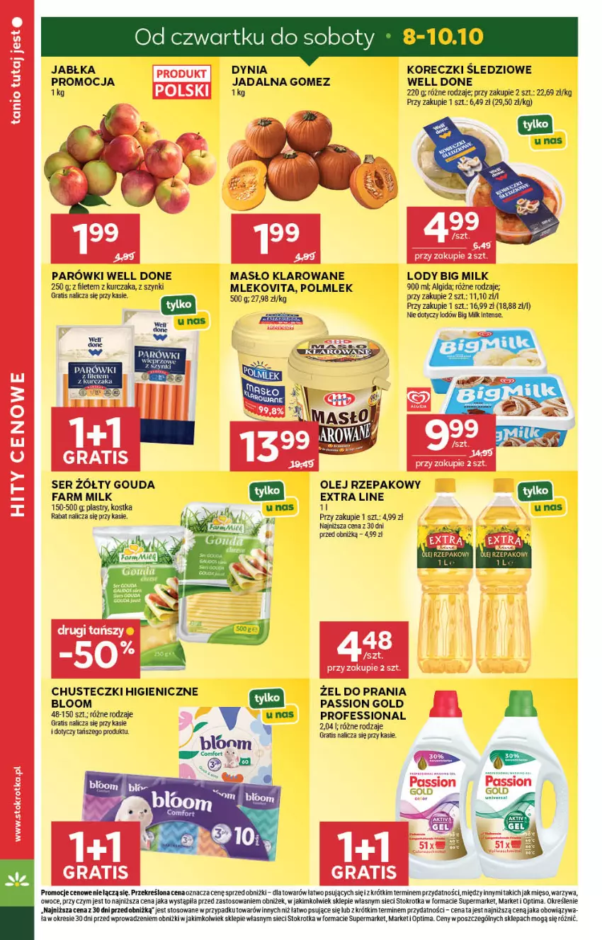 Gazetka promocyjna Stokrotka - Supermarket - ważna 08.10 do 14.10.2026 - strona 2 - produkty: Algida, Big Milk, Chusteczki, Fa, Farm Milk, Gouda, Gra, Jabłka, Koreczki śledziowe, Kurczak, LG, Lody, Masło, Masło klarowane, Mięso, Mleko, Mlekovita, Olej, Olej rzepakowy, Optima, Owoce, Parówki, POLMLEK, Ser, Warzywa