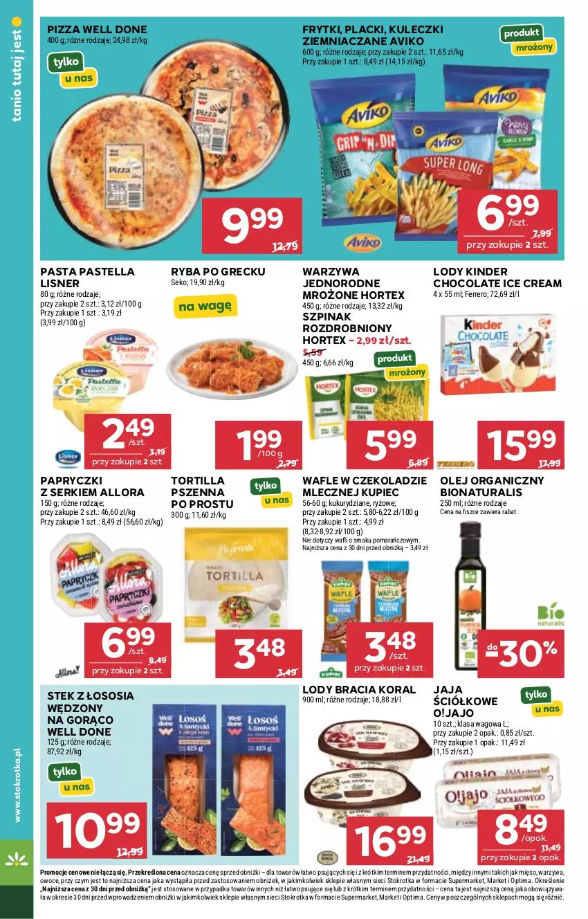 Gazetka promocyjna Stokrotka - Supermarket - ważna 08.10 do 14.10.2026 - strona 38 - produkty: Ferrero, Frytki, Hortex, Jaja, Kinder, Kupiec, Lack, Lisner, Lody, Mięso, Olej, Optima, Owoce, Pastella, Piec, Pizza, Ryba, Ryba po grecku, Ryż, SEKO, Ser, Sos, Stek, Szpinak, Tortilla, Wafle, Warzywa