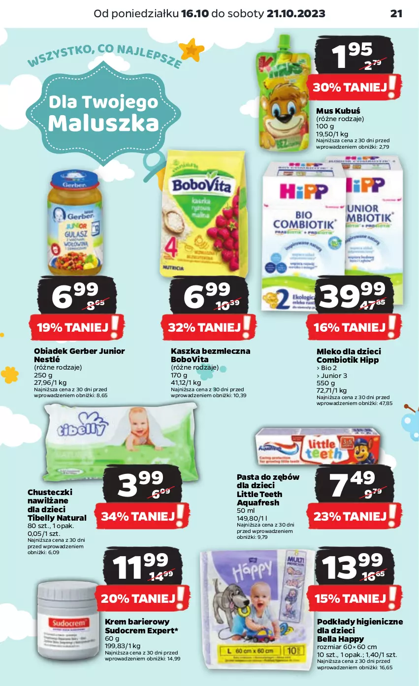 Gazetka promocyjna Netto - Artykuły spożywcze - ważna 16.10 do 21.10.2023 - strona 21 - produkty: Aquafresh, Bell, Bella, BoboVita, Chusteczki, Dzieci, Gerber, HiPP, Kubuś, Mleko, Mleko dla dzieci, Mus, Nestlé, Pasta do zębów, Podkład