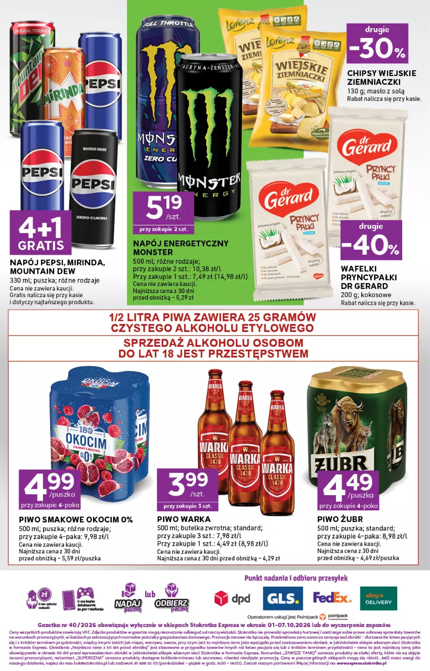 Gazetka promocyjna Stokrotka - Express - ważna 01.10 do 07.10.2026 - strona 6 - produkty: Chipsy, Dr Gerard, Gra, Koc, Kokos, Masło, Mięso, Mirinda, Napój, O nas, Okocim, Owoce, Pepsi, Piwo, Wagi, Warka, Warzywa