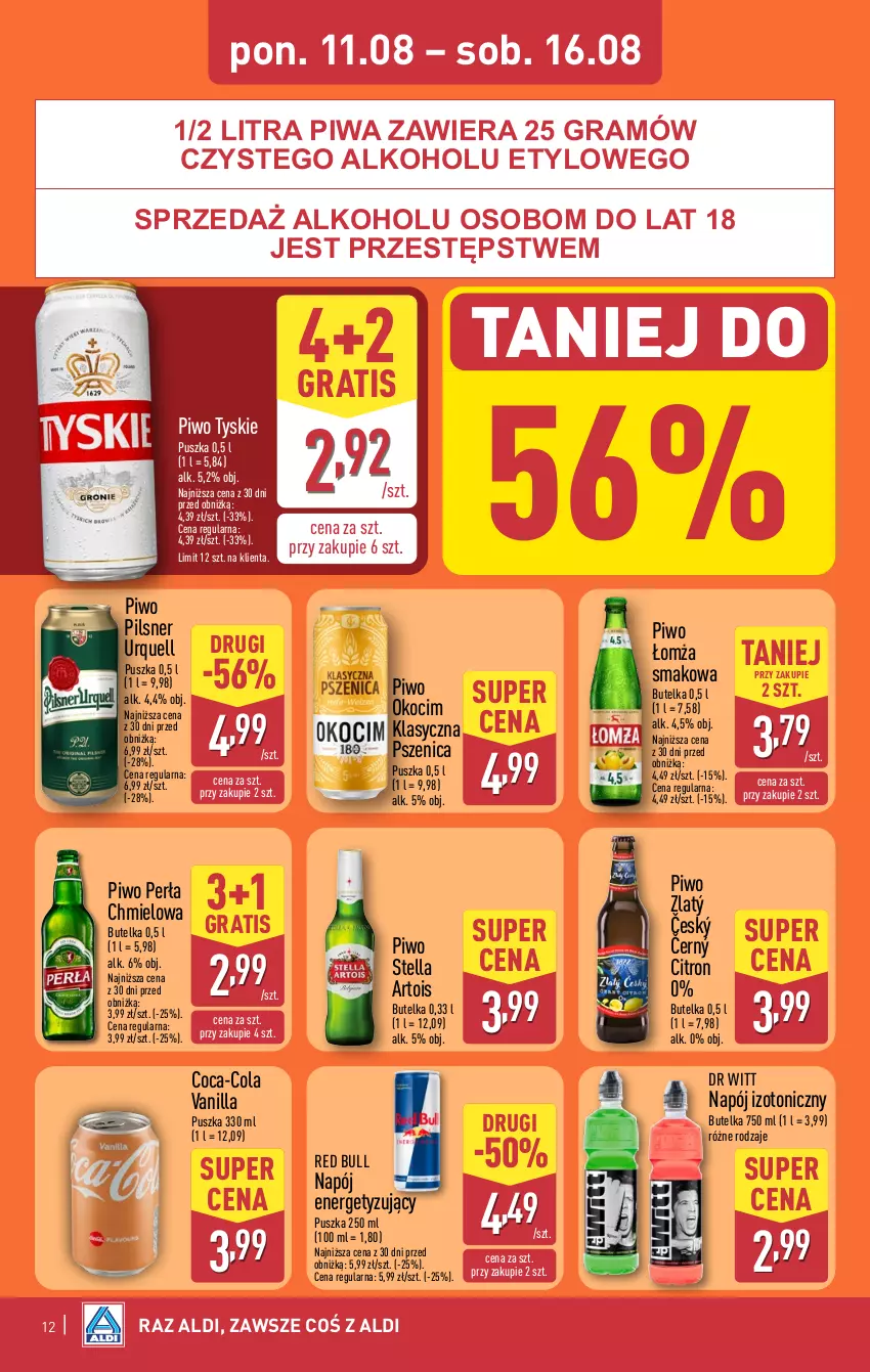 Gazetka promocyjna Aldi - Pełna oferta - ważna 11.08 do 16.08.2025 - strona 12 - produkty: Coca-Cola, Gra, Koc, Napój, Napój izotoniczny, Okocim, Perła, Pilsner Urquell, Piwa, Piwo, Red Bull, Tyskie
