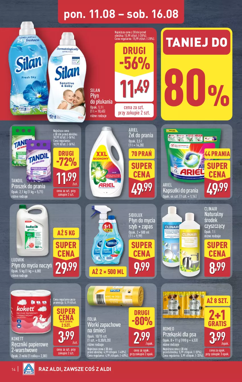 Gazetka promocyjna Aldi - Pełna oferta - ważna 11.08 do 16.08.2025 - strona 14 - produkty: Ariel, Clin, Do mycia naczyń, Gra, Kapsułki do prania, Ludwik, Papier, Płyn do mycia, Płyn do mycia naczyń, Płyn do płukania, Proszek do prania, Przekąski dla psa, Ręcznik, Ręczniki papierowe, Rolki, Sidolux, Silan