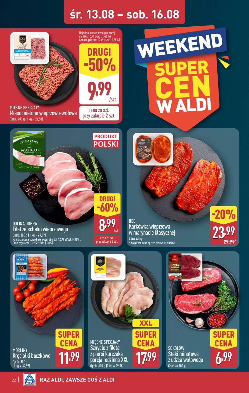 Gazetka promocyjna Aldi - Pełna oferta - ważna 11.08 do 16.08.2025 - strona 22 - produkty: Karkówka wieprzowa, Kurczak, Mięsne specjały, Mięso, Mięso mielone, Morliny, Por, Sok, Sokołów, Stek