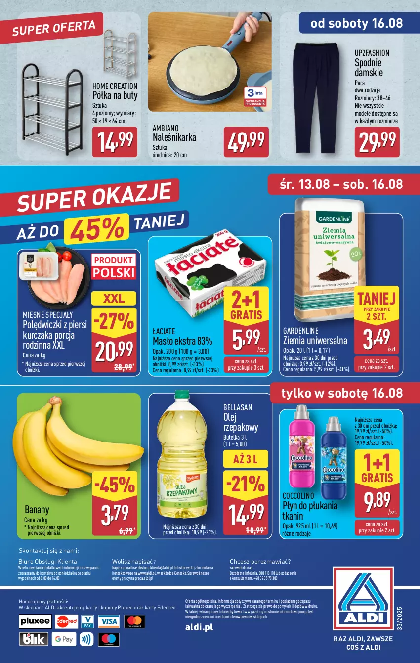 Gazetka promocyjna Aldi - Pełna oferta - ważna 11.08 do 16.08.2025 - strona 28 - produkty: Banany, Bell, Bella, Biuro, Buty, Coccolino, Fa, Gra, Kurczak, Masło, Mięsne specjały, O nas, Olej, Olej rzepakowy, Płyn do płukania, Półka, Por, Spodnie