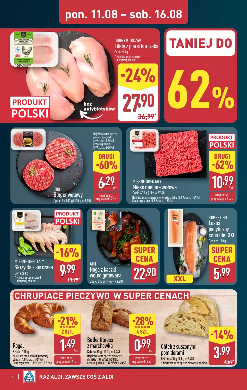 Gazetka promocyjna Aldi - Pełna oferta - ważna 11.08 do 16.08.2025 - strona 4 - produkty: Bułka, Bułka fitness, Burger, Chleb, Kurczak, Mięsne specjały, Mięso, Mięso mielone, Noga z kaczki, Piec, Pieczywo, Rogal