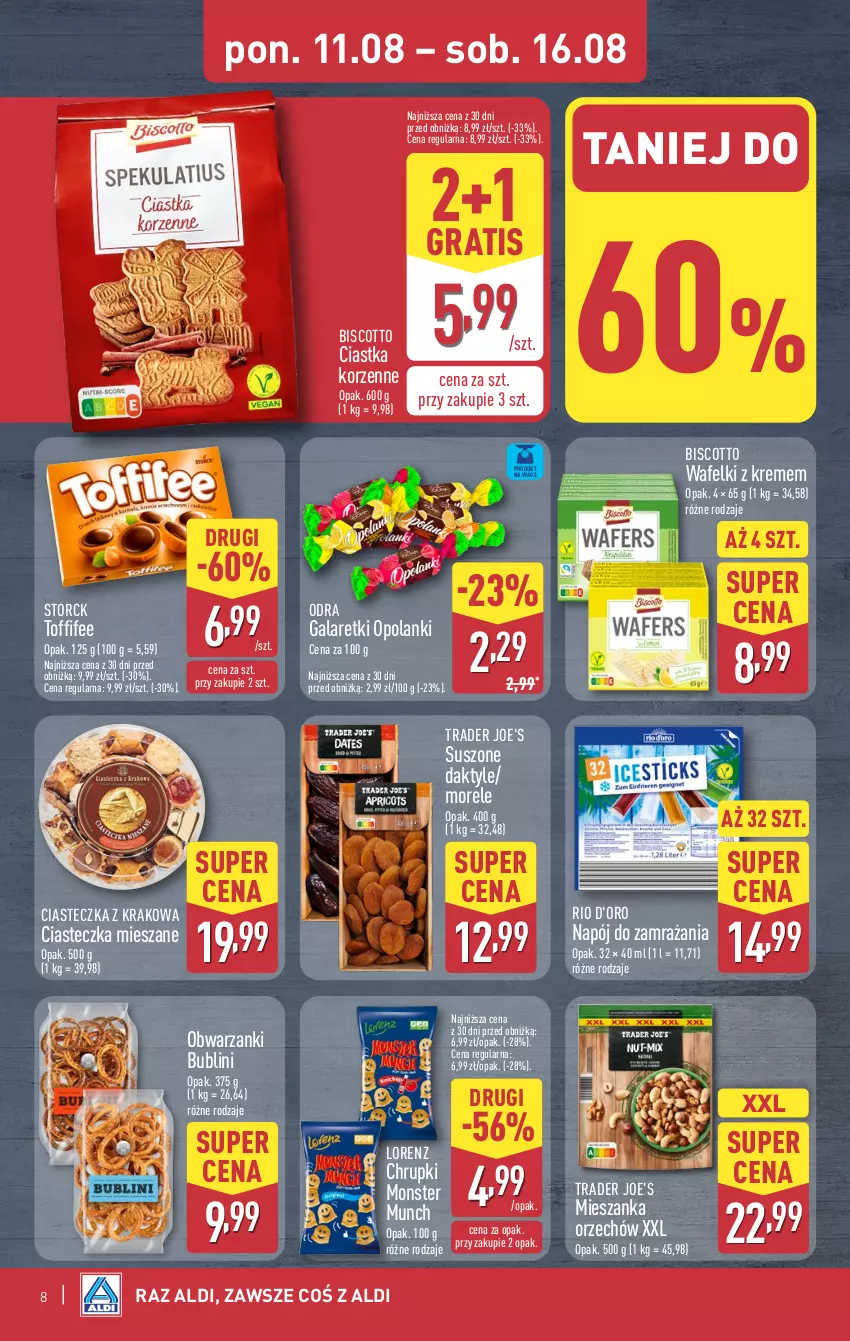 Gazetka promocyjna Aldi - Pełna oferta - ważna 11.08 do 16.08.2025 - strona 8 - produkty: Chrupki, Ciastka, Daktyle, Gala, Galaretki, Gra, Lanki, Lorenz, Monster Munch, Napój, Toffifee