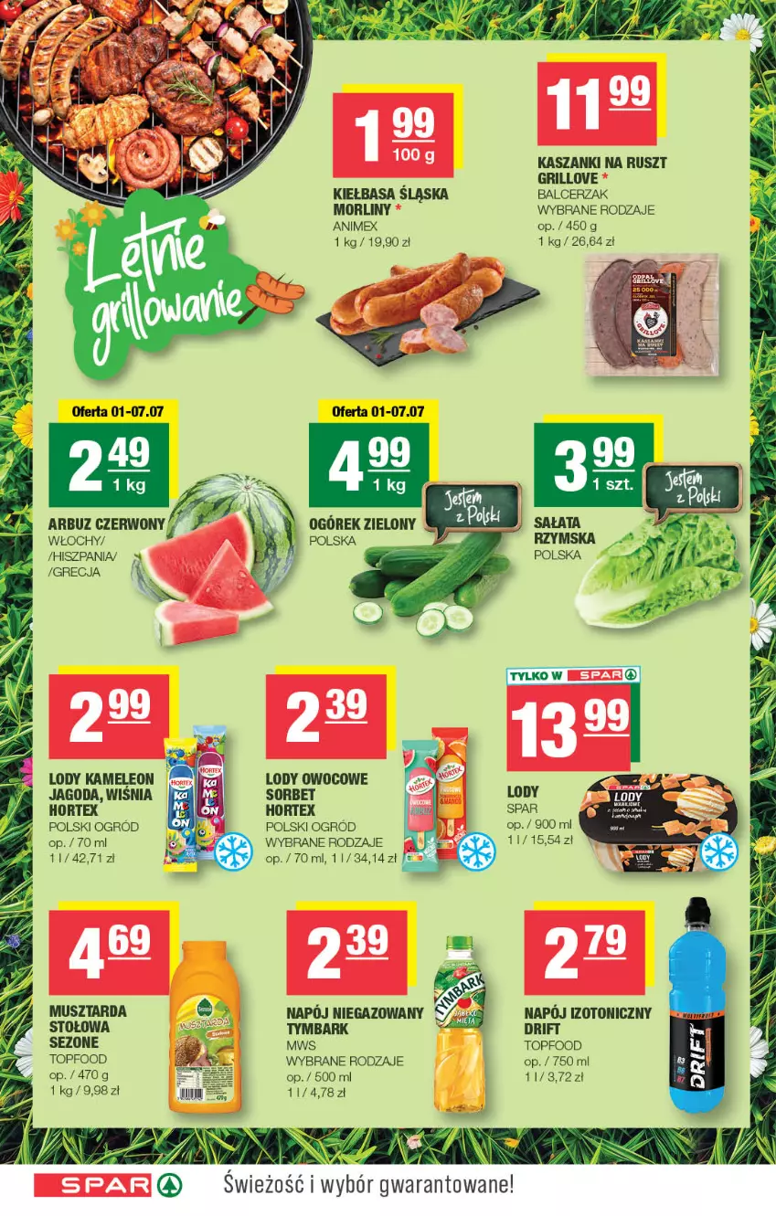 Gazetka promocyjna Spar - Spar - ważna 01.07 do 12.07.2026 - strona 6 - produkty: Arbuz, Eleo, Grill, Hortex, Kasza, Kiełbasa, Leon, Lody, Morliny, Mus, Musztarda, Napój, Napój niegazowany, Ogórek, Ogród, Top, Tymbark