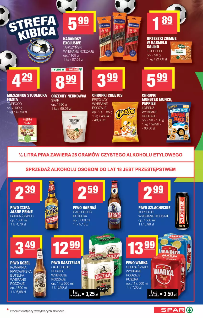 Gazetka promocyjna Spar - Spar - ważna 01.07 do 12.07.2026 - strona 7 - produkty: Carlsberg, Cheetos, Chrupki, Fa, Harnaś, Kabanos, Kasztelan, Kozel, Lorenz, Mieszanka studencka, Monster Munch, Orzeszki, Orzeszki ziemne, Piwo, Tarczyński, Tatra, Top, Warka